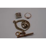 An unmarked metal watch chain, the swivel and clasp stamped 9ct; together with an enamel buckle; and