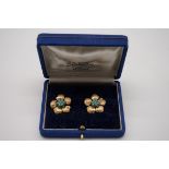 A pair of turquoise yellow metal flower ear clips, in fitted box.