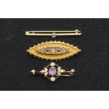 Three gem set gold bar brooches, comprising examples set amethyst and pearl; a solitaire diamond;