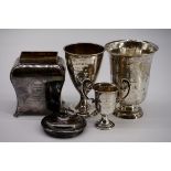 Three various silver trophy cups, 341.5g; together with a white metal vase etc. (5)