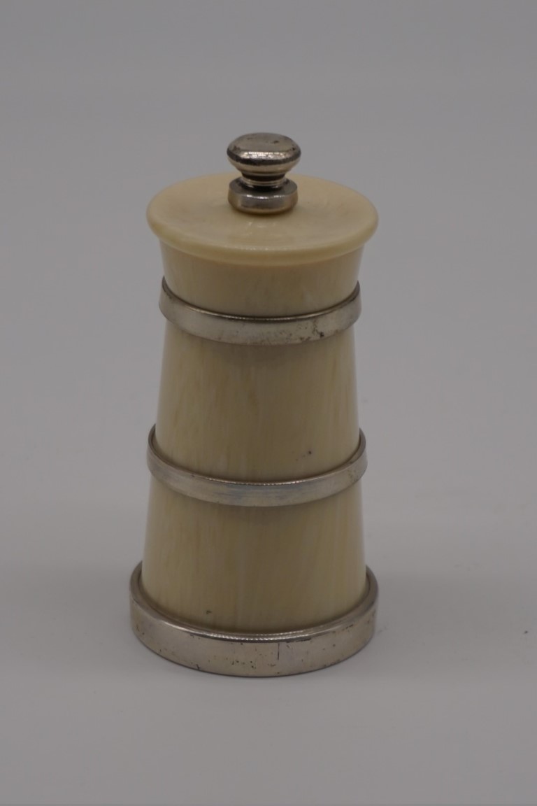 A faux ivory and silver banded pepper grinder, by John Bull Ltd, London 2002, 9.5cm high. - Image 2 of 3