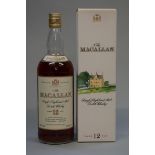 A 1 litre bottle of The Macallan 12 year old whisky, 43% abv, 1980s/1990s bottling, in original card