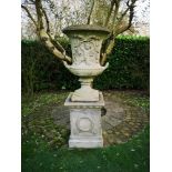 Garden urns/pots/planters: A composition stone urn on pedestal, 2nd half 20th century, 176cm high