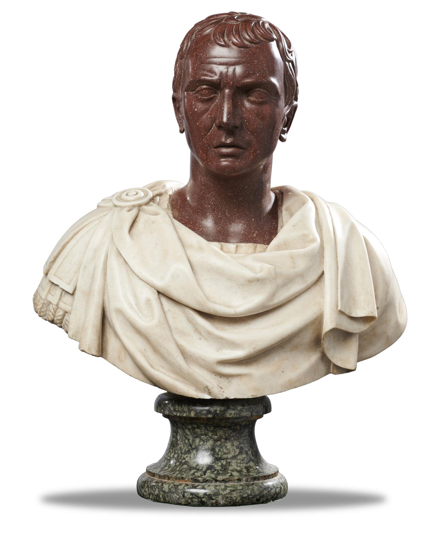 Interior Design/Sculpture: A Porphyry and white marble bust of a Roman Emperor, Italian, 19th centur