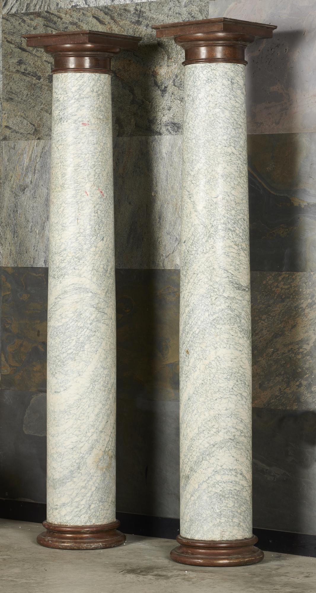 Architectural columns: A pair of Cipollino marble columns, 19th century, with bronze caps and bases,