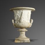 Garden urns/pots/planters: A carved white marble Medici urn, late 18th/early 19th century, 101cm