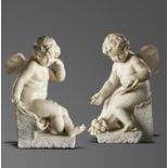 Interior Design/Sculpture: A pair of carved veined white marble cherubs, Northern European, 18th