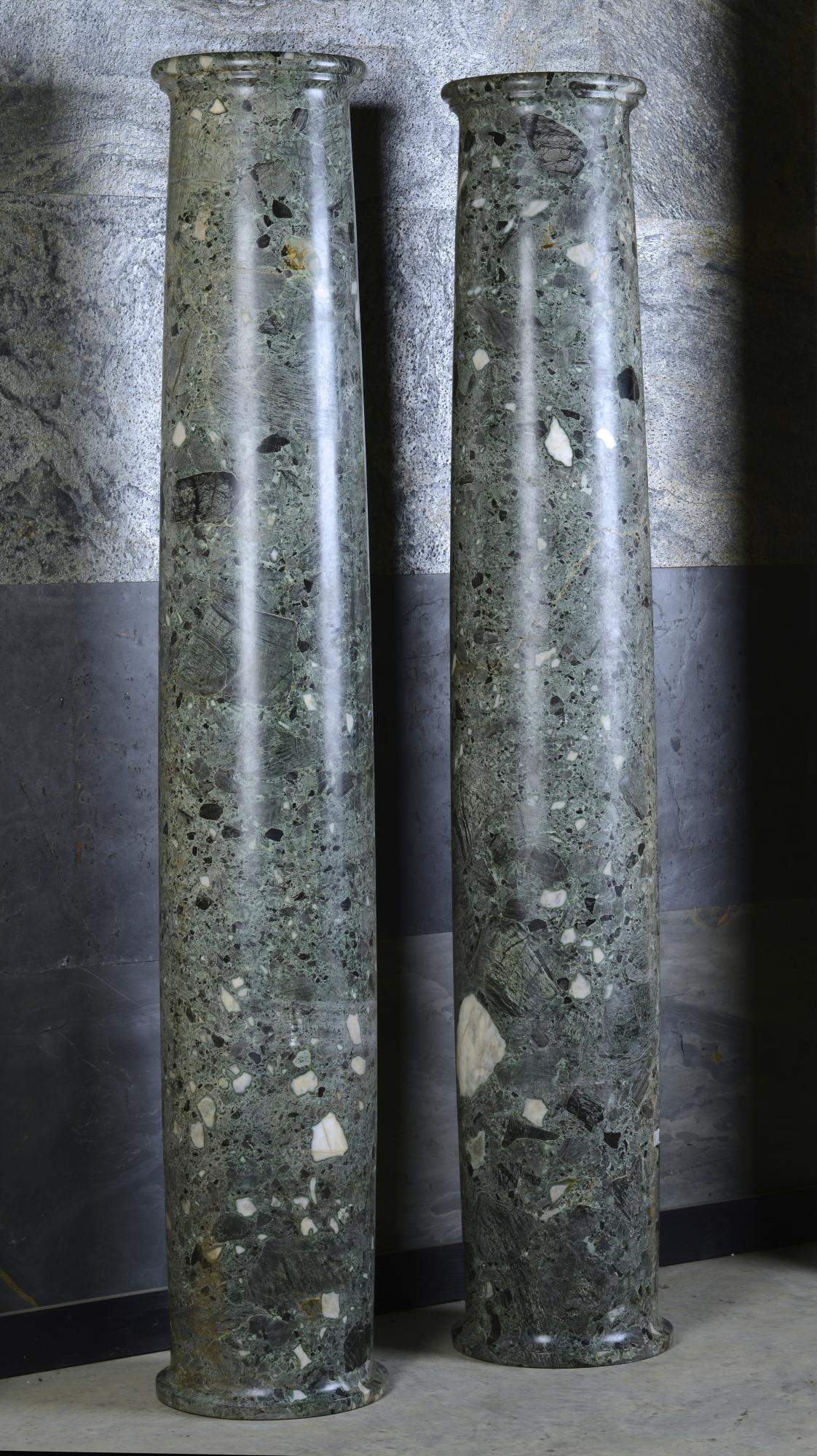 Architectural columns: A pair of Italian Verde Antico marble columns, 19th century, 202cm high by