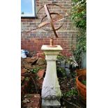 Sundials: A wrought iron armillary sundial, late 20th century, on earlier Istrian stone pedestal,