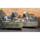 Garden statues: A pair of Georgian carved sandstone reclining lions, 2nd half 18th