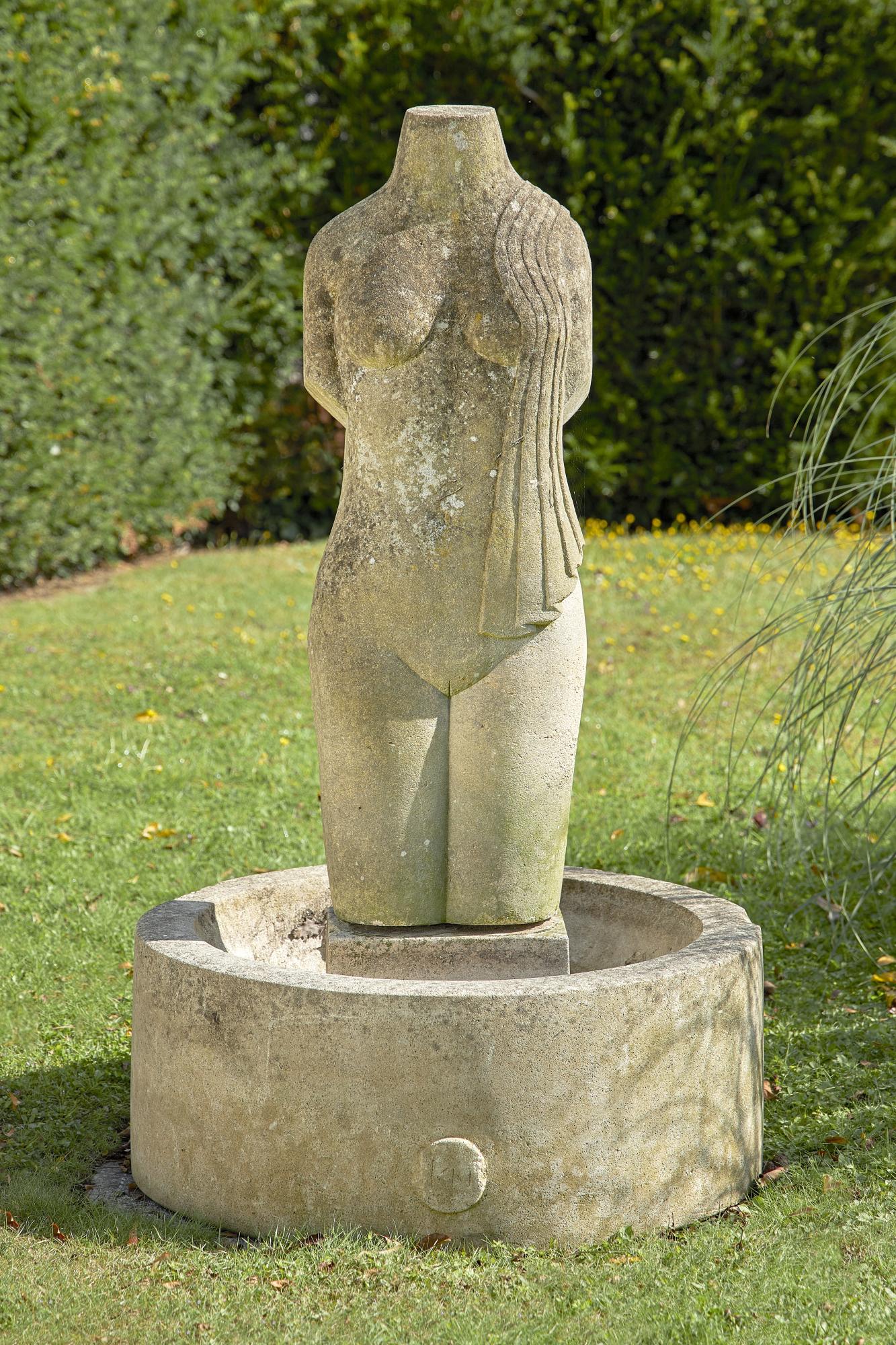 Bird baths: ▲ A carved limestone bird bath by Keith Newstead, 1960s, with a semi draped female torso