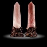 Interior Design/Minerals: Two rose quartz points, Madagascar, on wooden stands, 84cm high overall