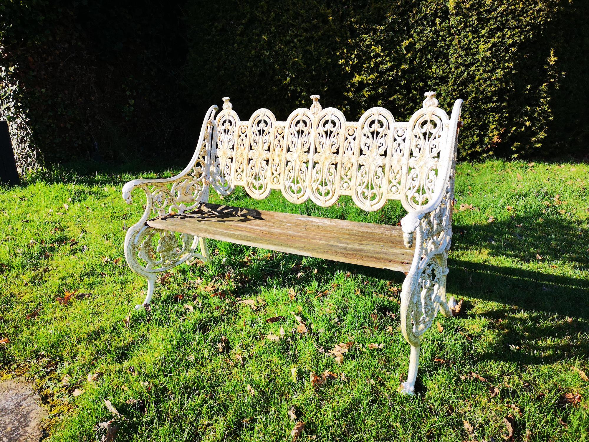 Garden seats: A Coalbrookdale cast iron seat, 2nd half 19th century, marks possibly obscured by