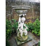 Garden urns/planters: A rare Austin and Seeley composition stone bowl on stand, 124cm high Felix