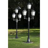 Lights: A pair of cast aluminium standing lamps, each with three lights, 305cm high