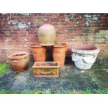 Garden urns/planters: A collection of terracotta planters and a forcer, 20th century, the largest