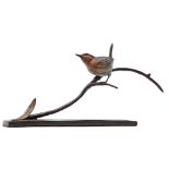 Interior Sculpture/Ornaments: Steve Langford, Wren on a branch, Bronze, Signed, 15cm high