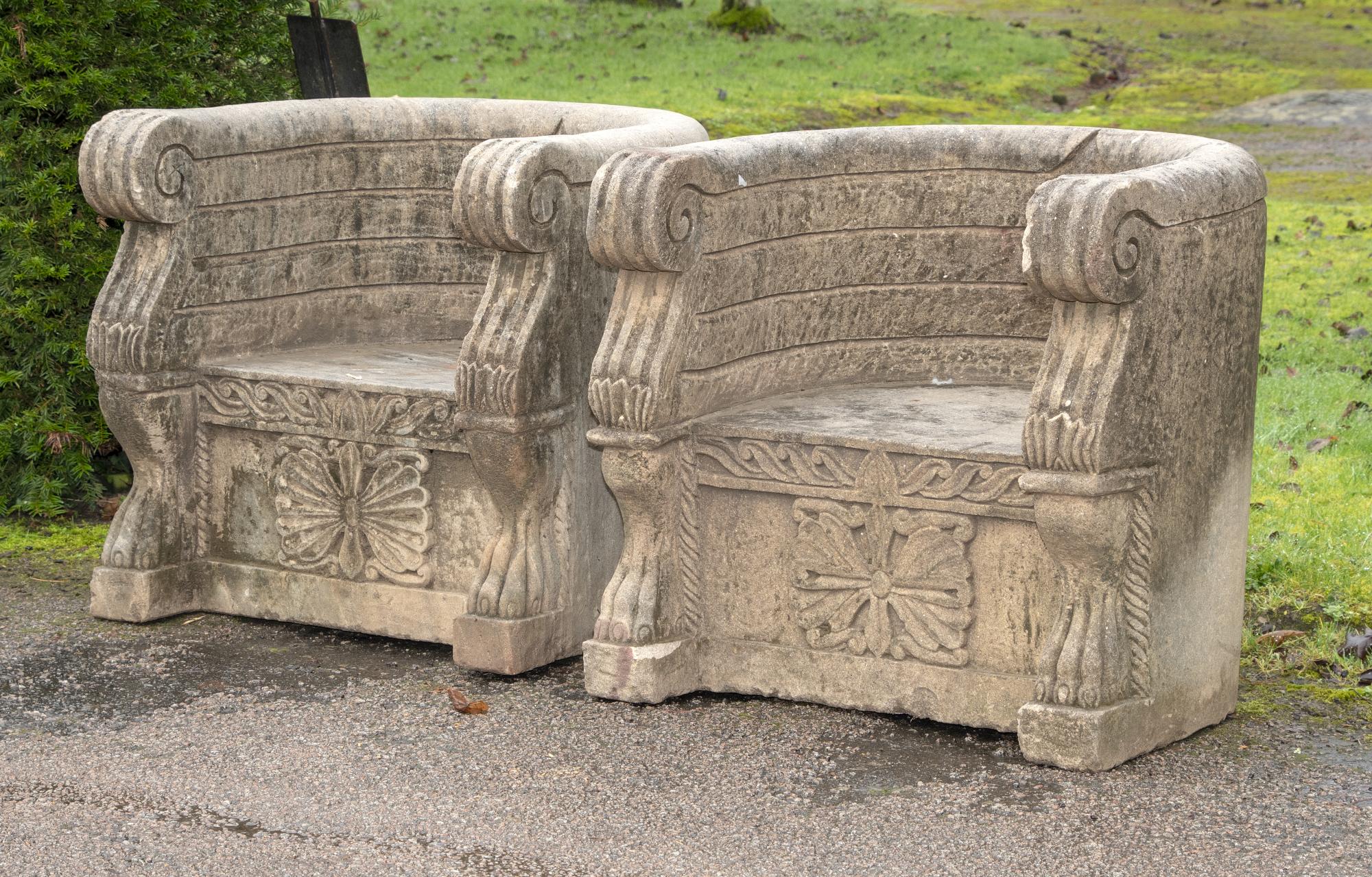 Garden Seats: † A pair of carved sandstone thrones, Indian, modern, 82cm wide