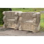 Garden Seats: † A pair of carved sandstone thrones, Indian, modern, 82cm wide