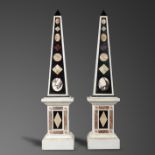 Interior design/minerals: A pair of white and black marble obelisks on pedestals, modern, set with