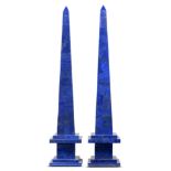 Interior design/minerals: A pair of massive lapis lazuli veneered obelisks, Afghanistan, 131cm high