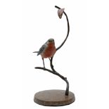 Interior Sculpture/Ornaments: Steve Langford, Robin on a branch, Bronze, Signed, 25cm high