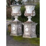 Garden pots/planters: A pair of composition stone urns on pedestals, 2nd half 20th century, 168cm