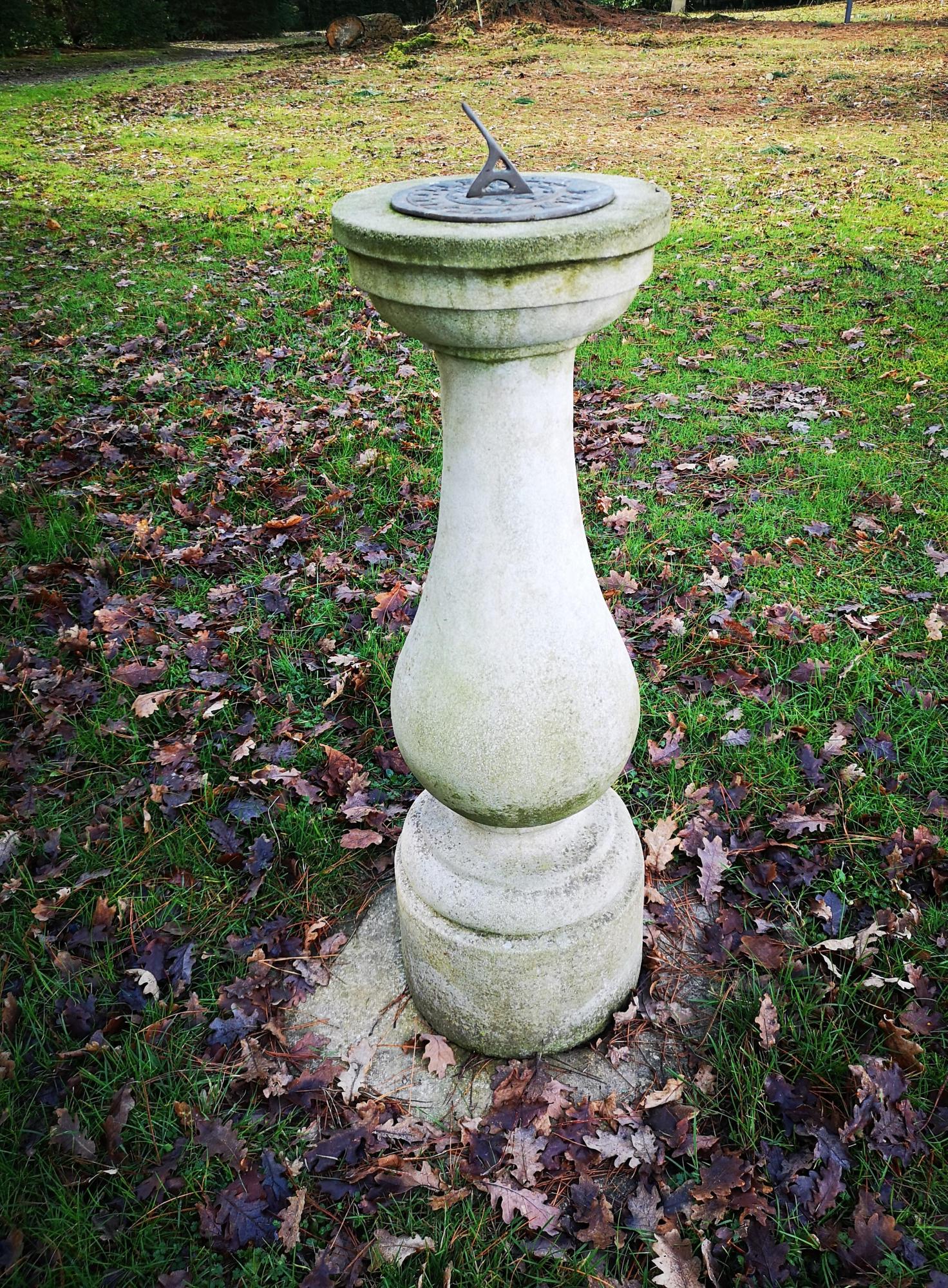 Sundial: A composition stone sundial, modern, with 7in plate, 100cm high