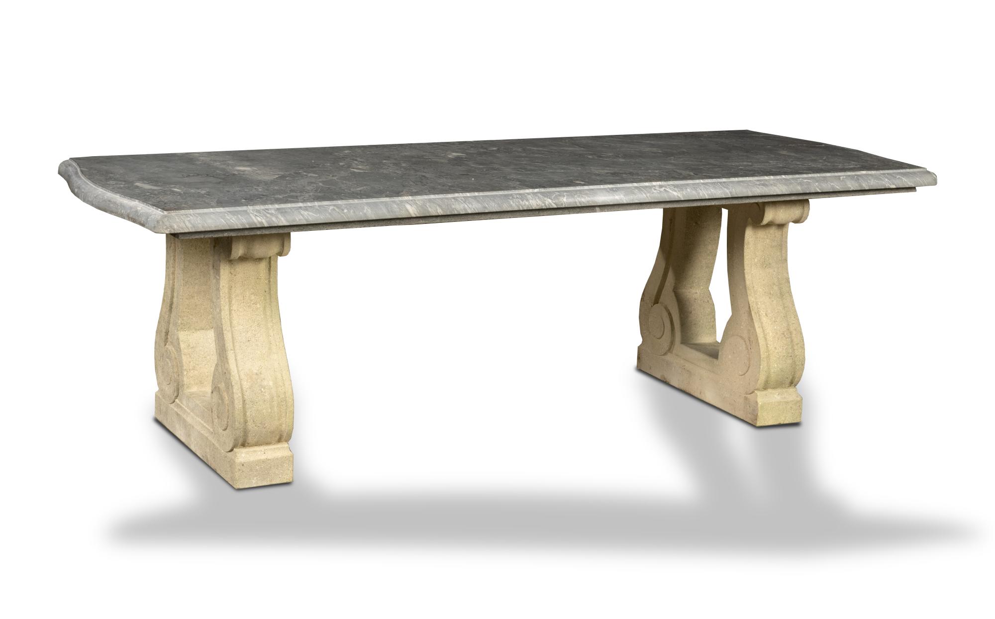 Garden tables: A grey veined marble table, modern, on carved limestone supports, 251cm long by 100cm