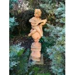 Garden Statuary: A set of four composition stone putti musicians on pedestals 2nd half 20th