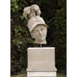 Bust: A ciment fondue classical head of Minerva on composition stone base 75cm high