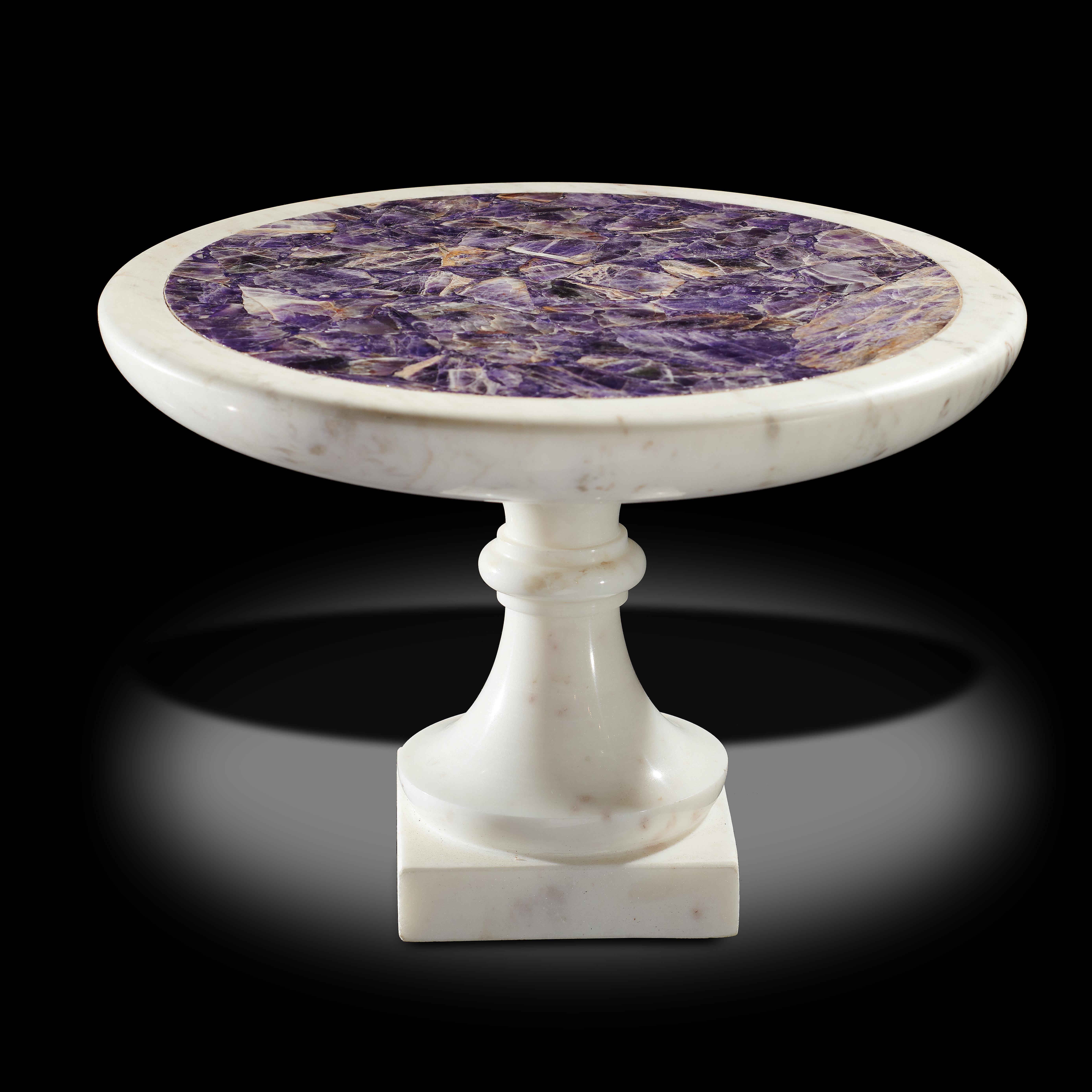 Interior: An amethyst veneered carved white marble tazza modern 25cm high by 46cm diameter