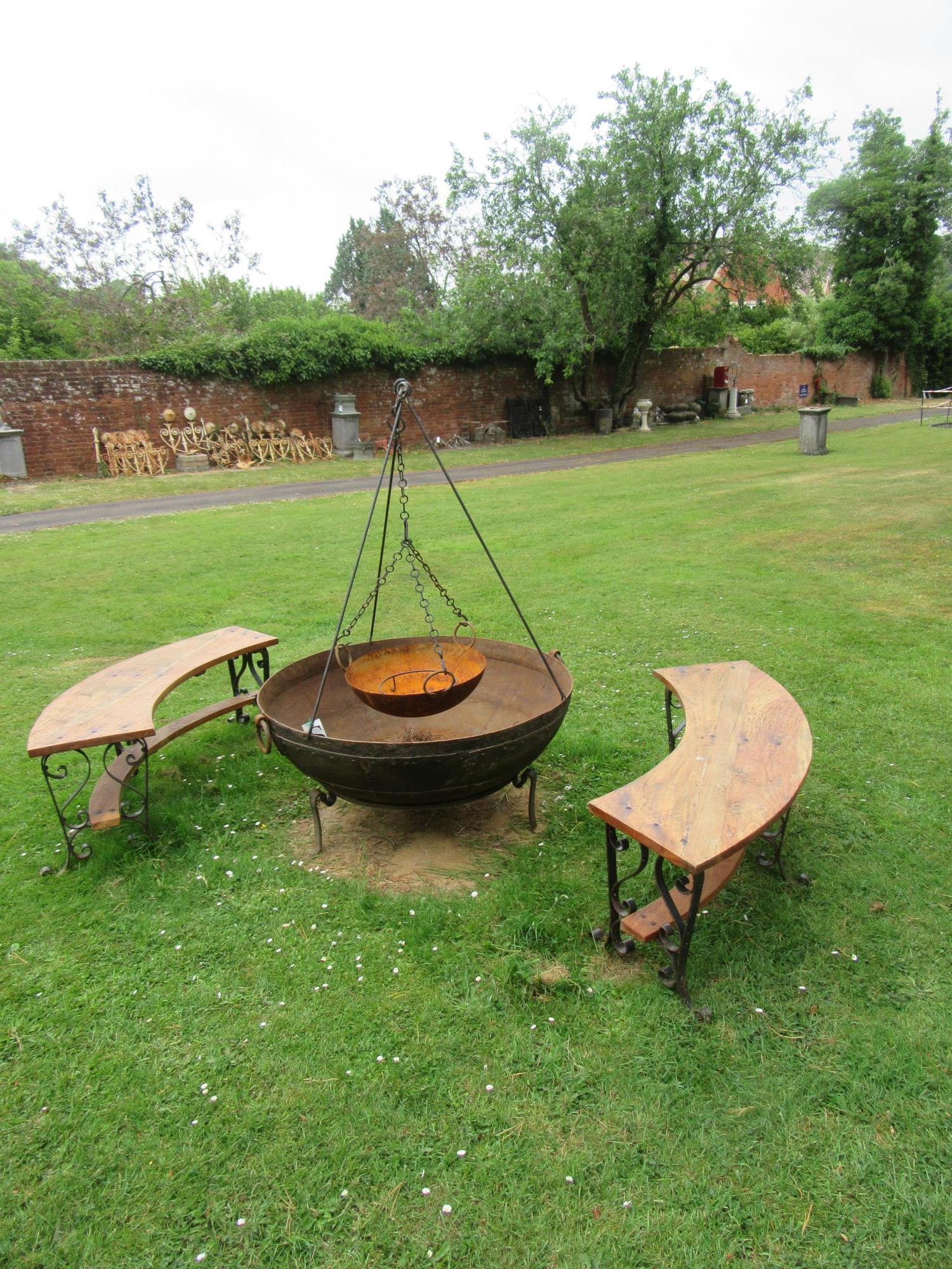 Fire pit bowl:† A wrought iron Kadai of riveted construction Indian, modern on wrought iron stand