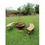 Fire pit bowl:† A wrought iron Kadai of riveted construction Indian, modern on wrought iron stand