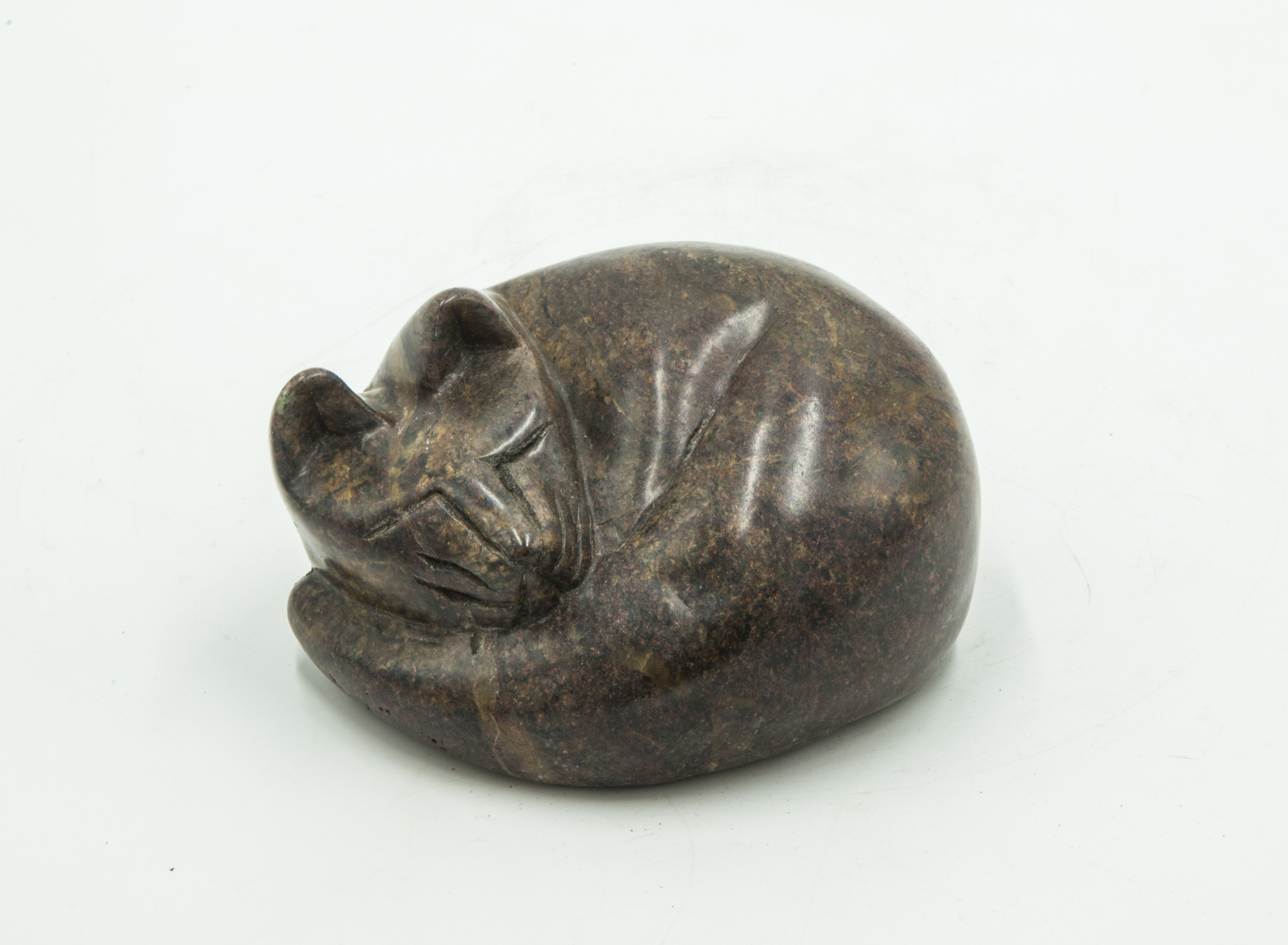 Modern Sculpture: Simon Chidharara Relaxing Cat Serpentine Stone Signed 7.5cm high by 15cm wide by