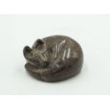 Modern Sculpture: Simon Chidharara Relaxing Cat Serpentine Stone Signed 7.5cm high by 15cm wide by