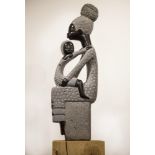 Modern Sculpture: Boet Nyariri Comforting Mother Springstone Signed 59cm high by 20cm wide by 12cm