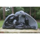 Modern Sculpture: Ronnie Dongo Protecting Lovers Springstone Signed 66cm high by 124cm wide by