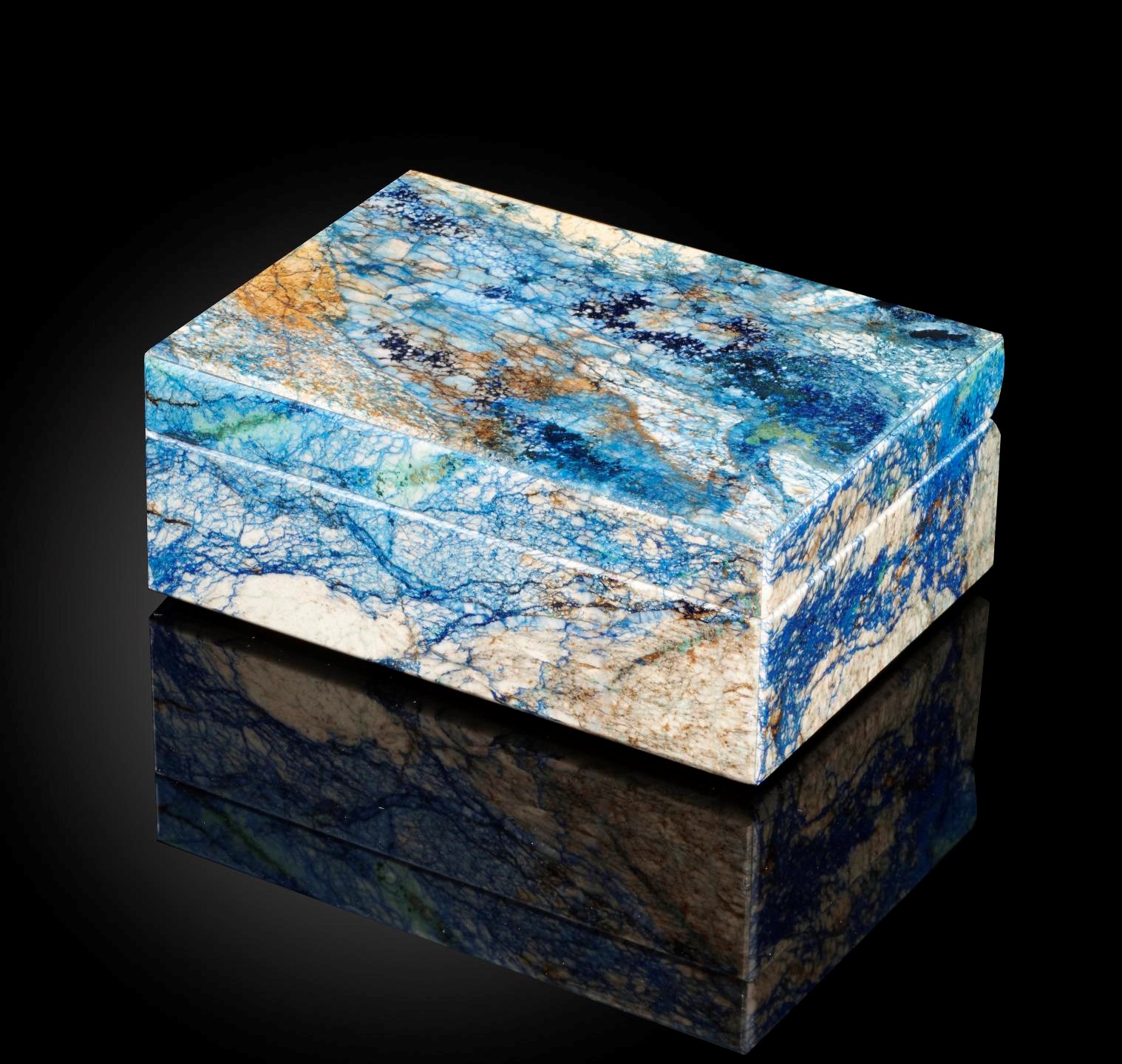 Interior Design/Minerals: An Azurite box, in fitted case, 10cm by 7cm by 4cm