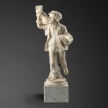 Garden statues: A carved white marble figure of a boy selling newspapers, Italian, late 19th