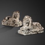 Garden statues: A pair of rare and impressive Victorian carved Cotswold stone reclining lions, mid