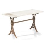 Garden Tables/Furniture: A cast iron table with marble top, late 19th century, 134cm longThe