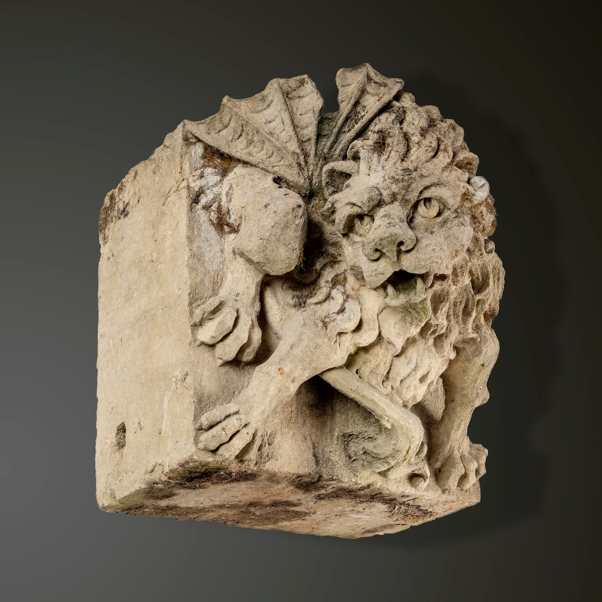 Garden statues: A rare and fine carved Cotswold stone gargoyle lion, signed and dated H. Blazer 1833