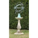Sundials: A carved Cotswold stone sundial pedestal, 2nd half 19th century, on cushion base and