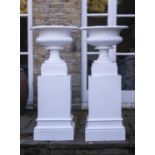 Garden planters/pots: A pair of rare Coalbrookdale cast iron urns on pedestals, 2nd half 19th