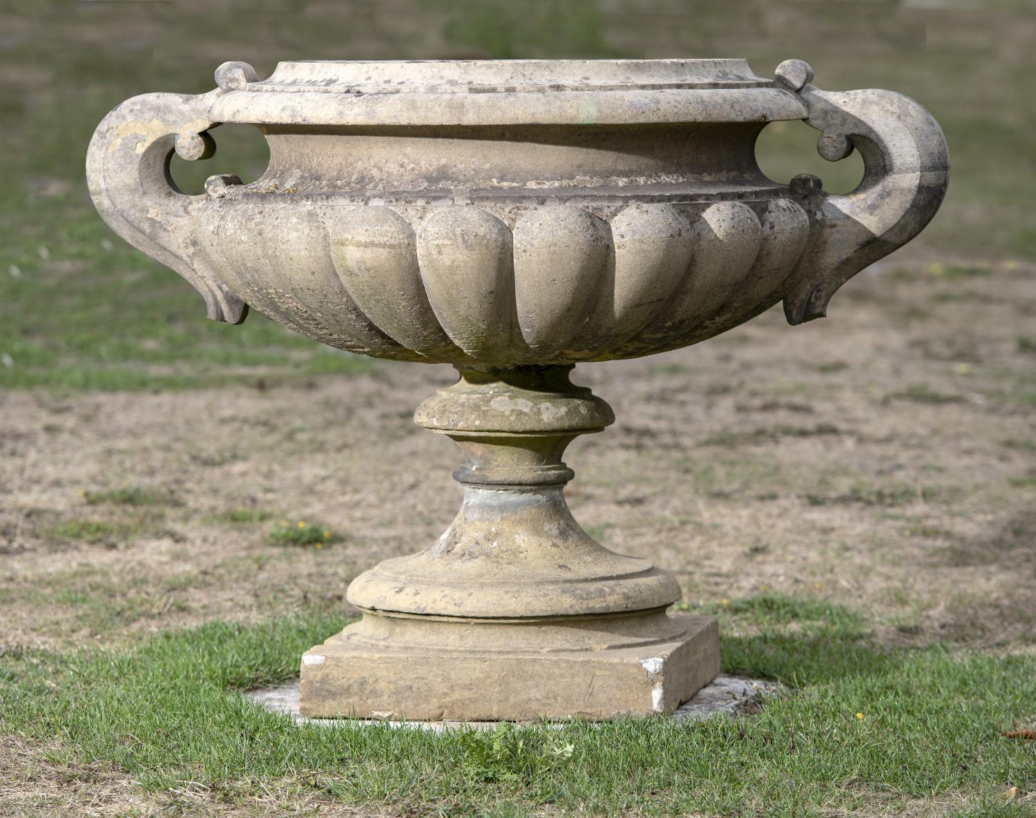 Garden pots/planters: A substantial carved sandstone urn, mid 19th century, 100cm high by 135cm