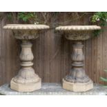 Garden planters/pots: A pair of terracotta bowls on stands, late 19th century, 85cm high