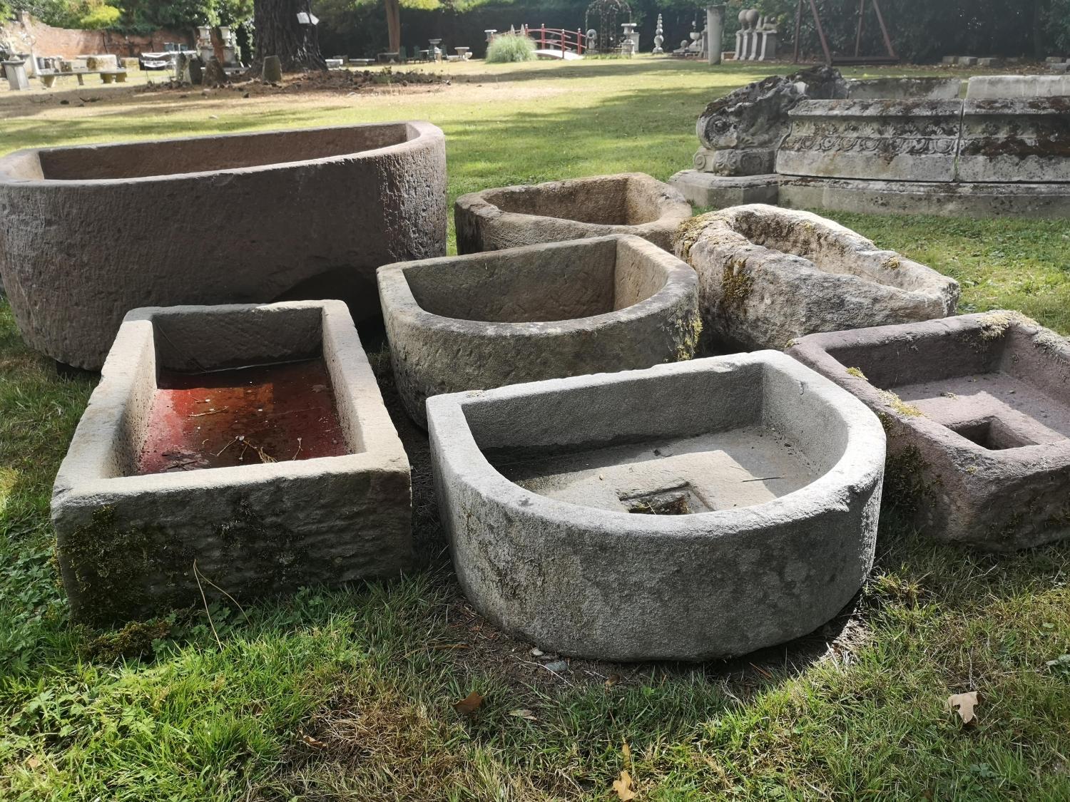 Troughs/Planters: A collection of six troughs, some with drainage holes, the largest 75cm longThe