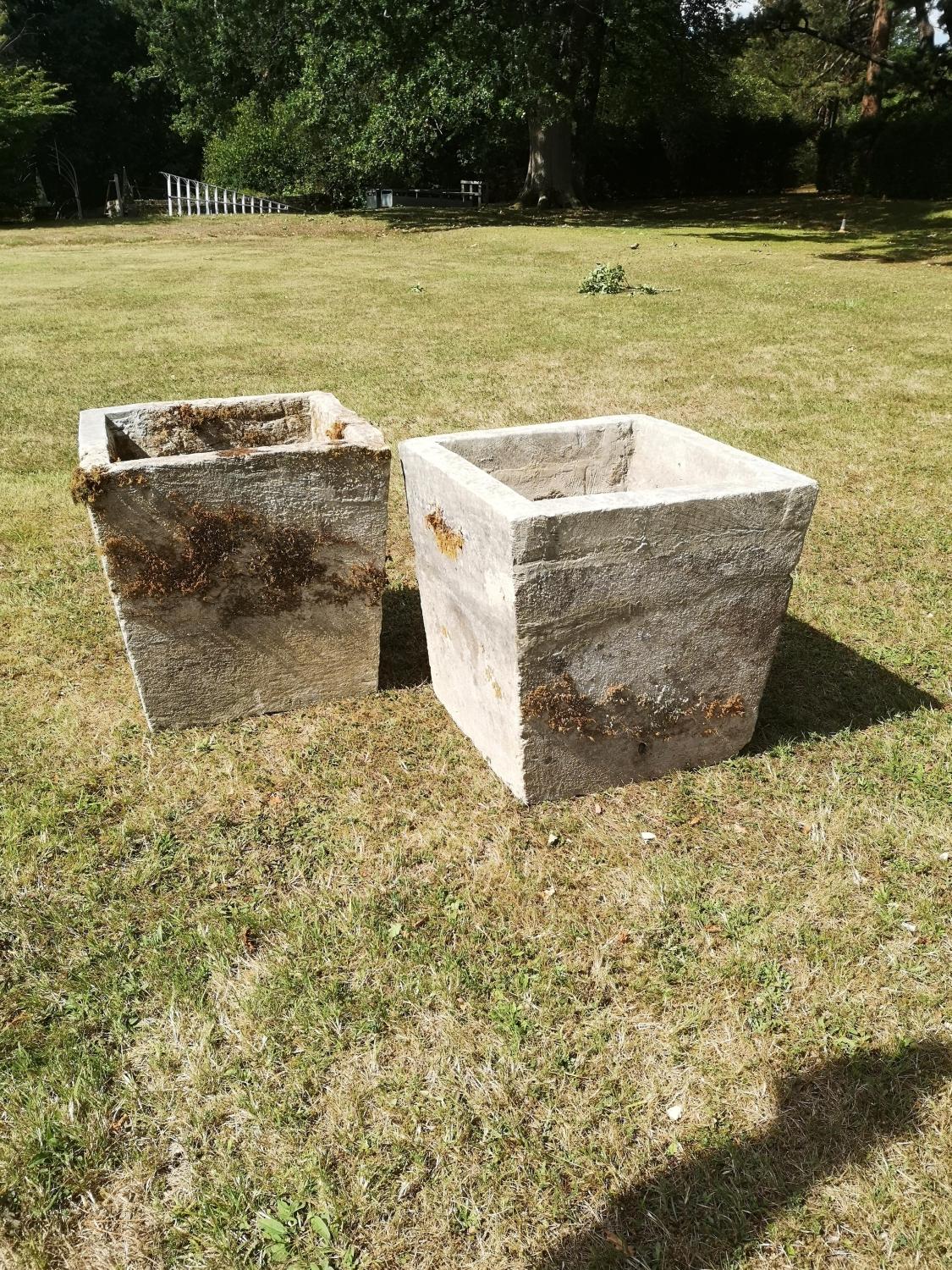 Garden pots/urns: An unusual pair of carved stone square tapering planters, late 19th century,