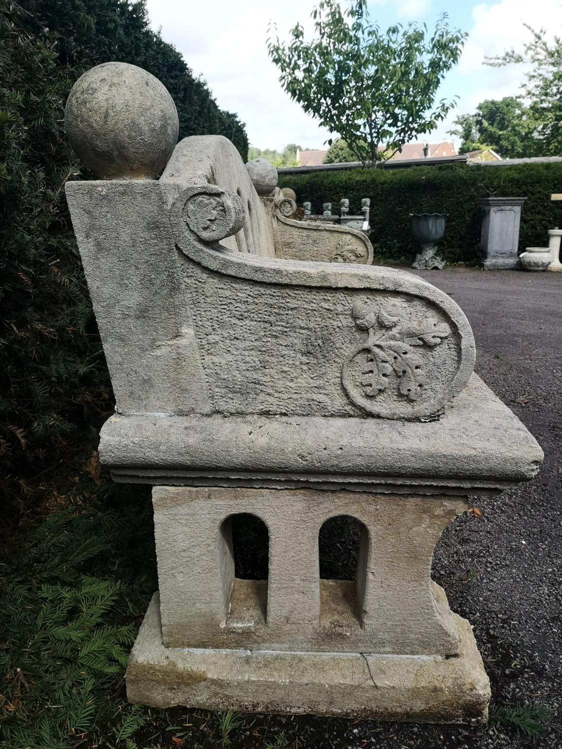 Garden Seats: A near pair of Arts and Craft carved Cotswold stone seats, early 20th century, 176cm - Image 5 of 5